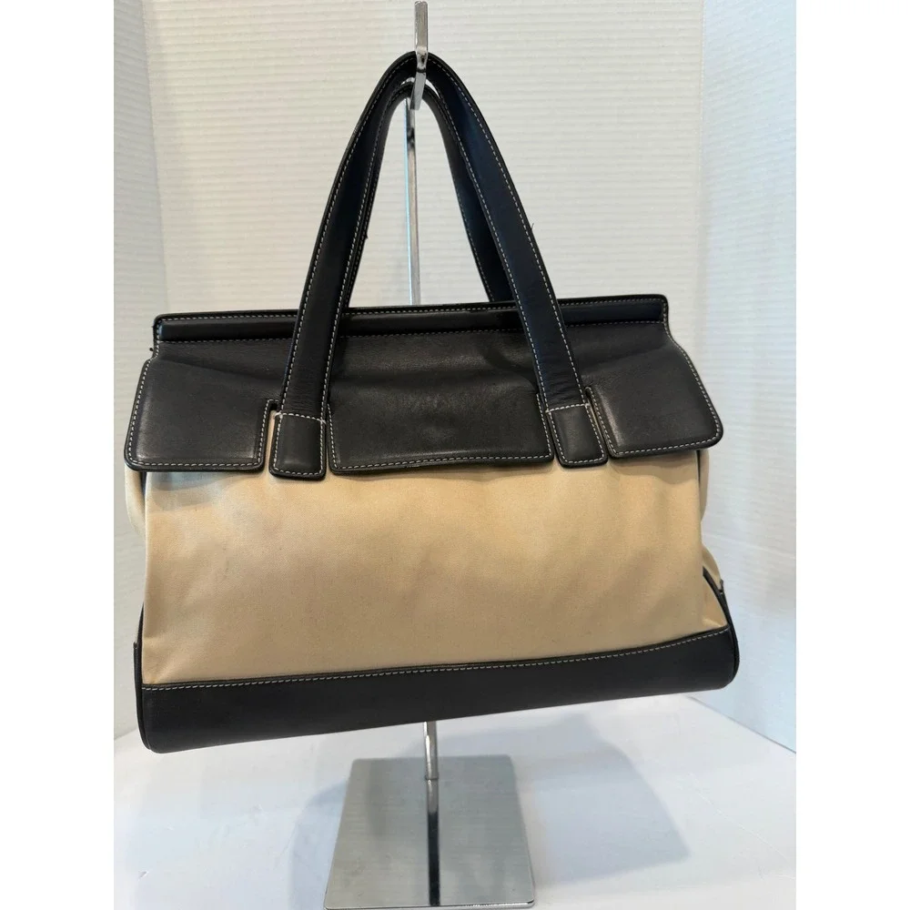 Vintage Coach Hampton Beige Fabric/Black Leather Trim Tote Bag Purse‎ 7705
